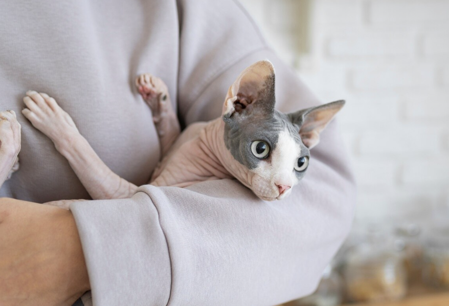 gato sphynx en brazos de su catsitter durante una visita a domicilio